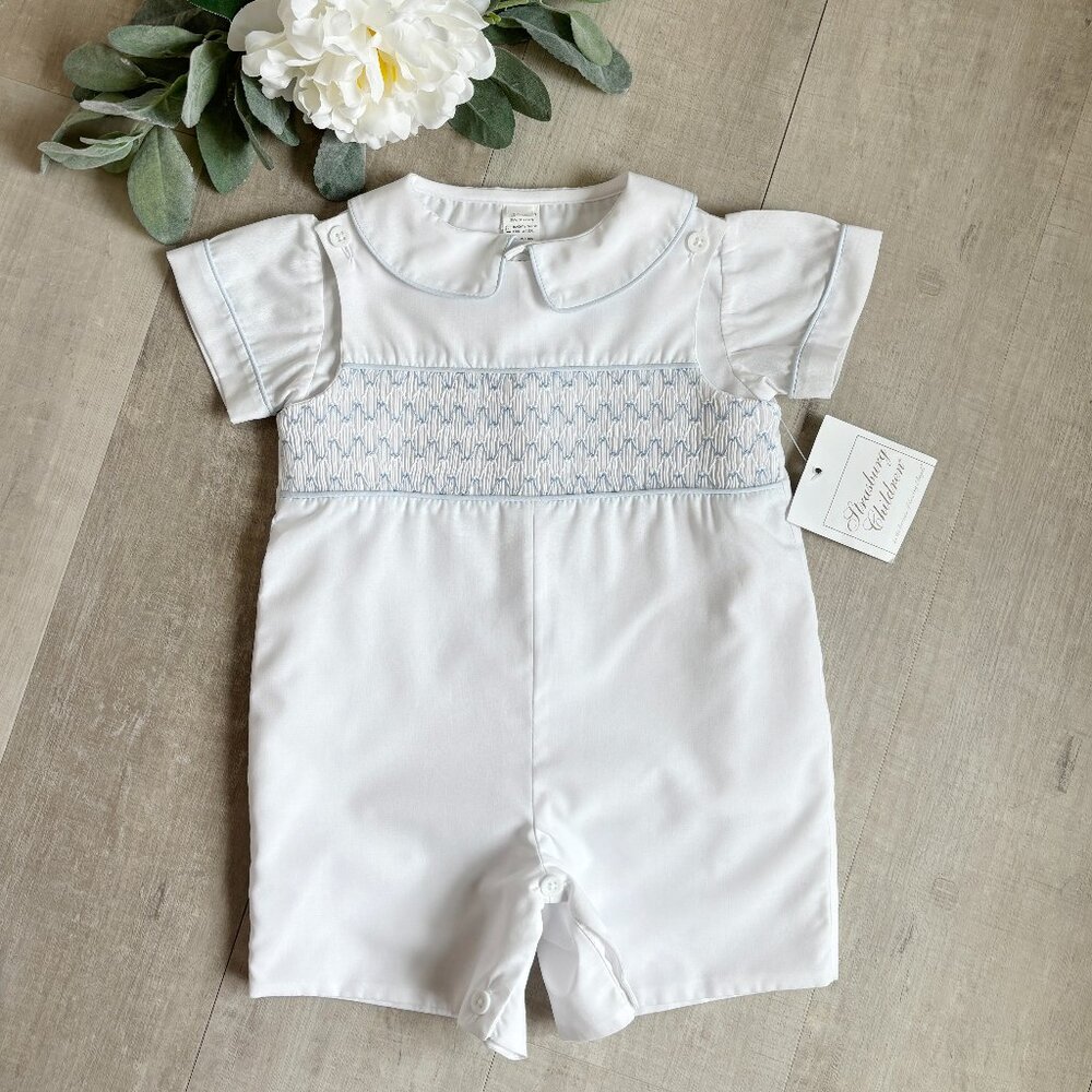 RARE Strasburg White Smocked Jon Jon Heirloom Romper Set 12 Months NWT